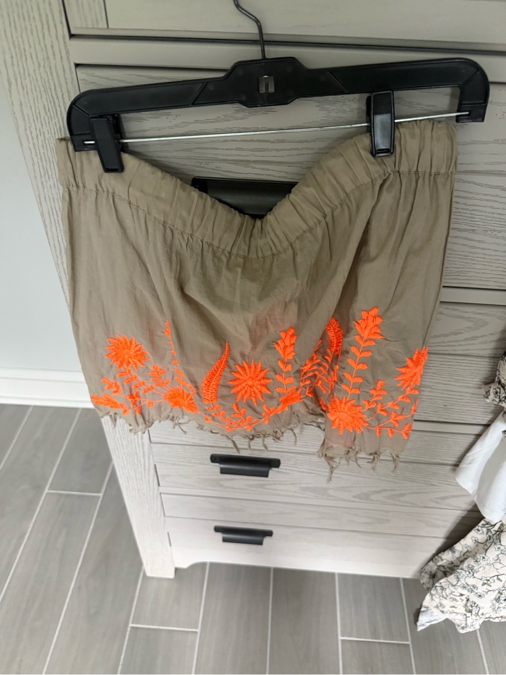 Calypso St. Barth Khaki Mini Skirt with Neon Orange Floral Embroidery
